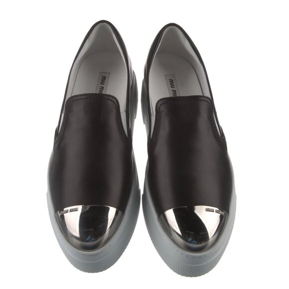 NWT Miu Miu Platform Slip-on Sneakers Black Leather Silver Toe Cap Sz 35.5 - Picture 3 of 13